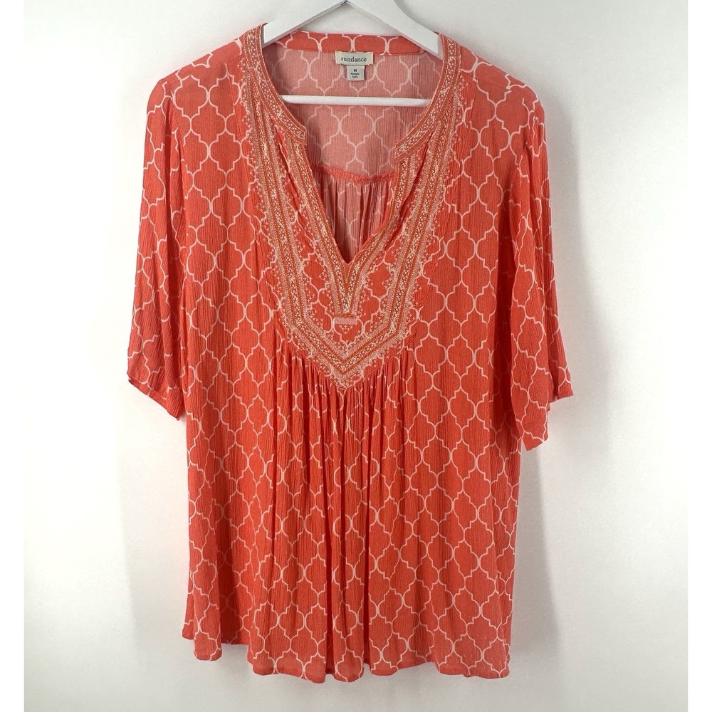 Sundance Top Women M Orange Embroidered‎ Viscose Tunic Peasant Coastal DD10